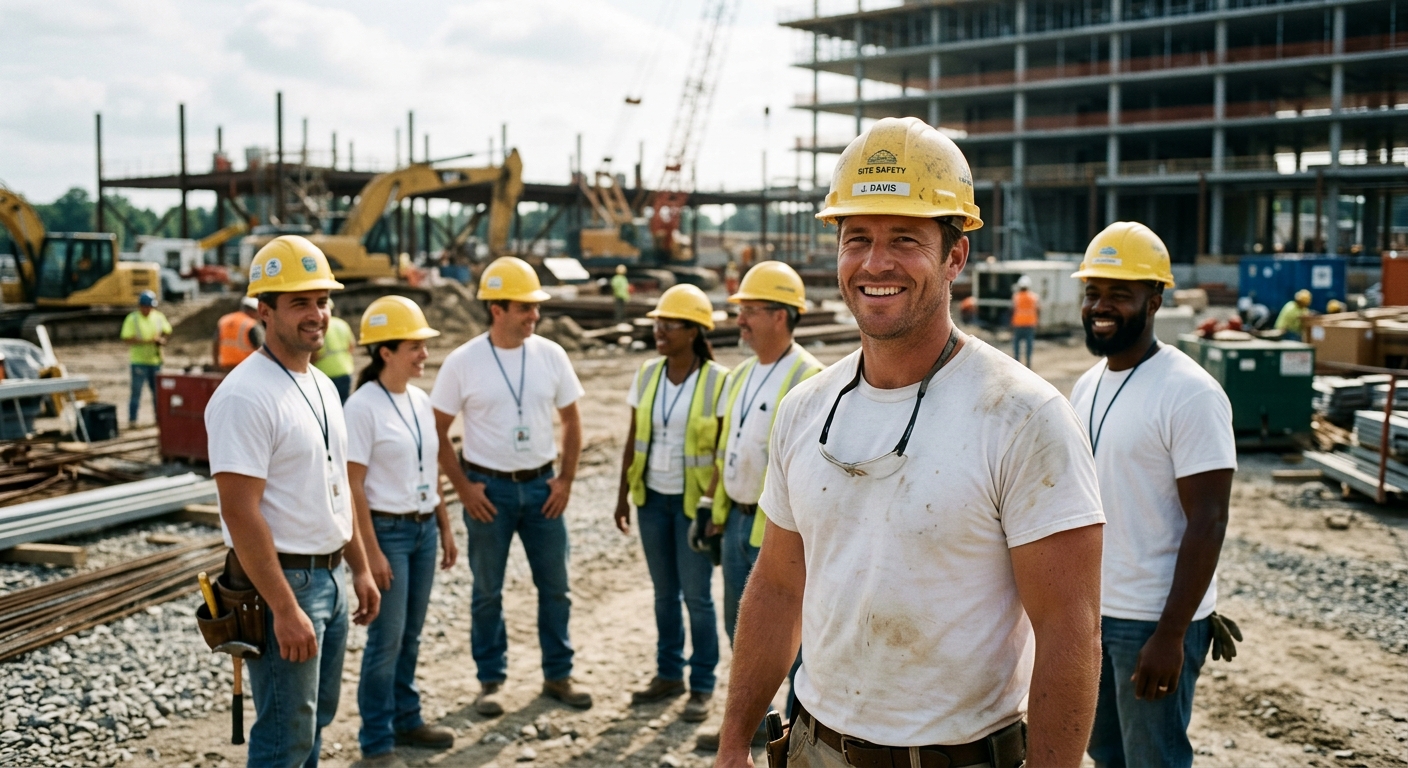 A crew of Vanmark construction professionals in hard hats reviewing plans on a bright job site
