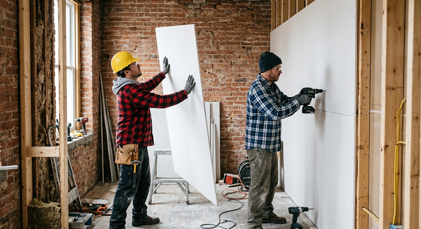 Two Vanmark workers installing a drywall board on an interior wall