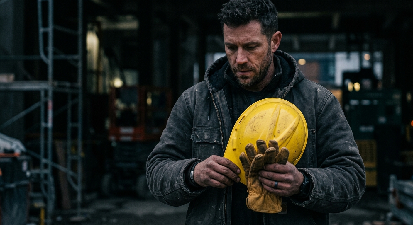 A Vanmark tradesperson in a worn jacket holding a yellow hard hat and tan leather gloves on a job site at dusk