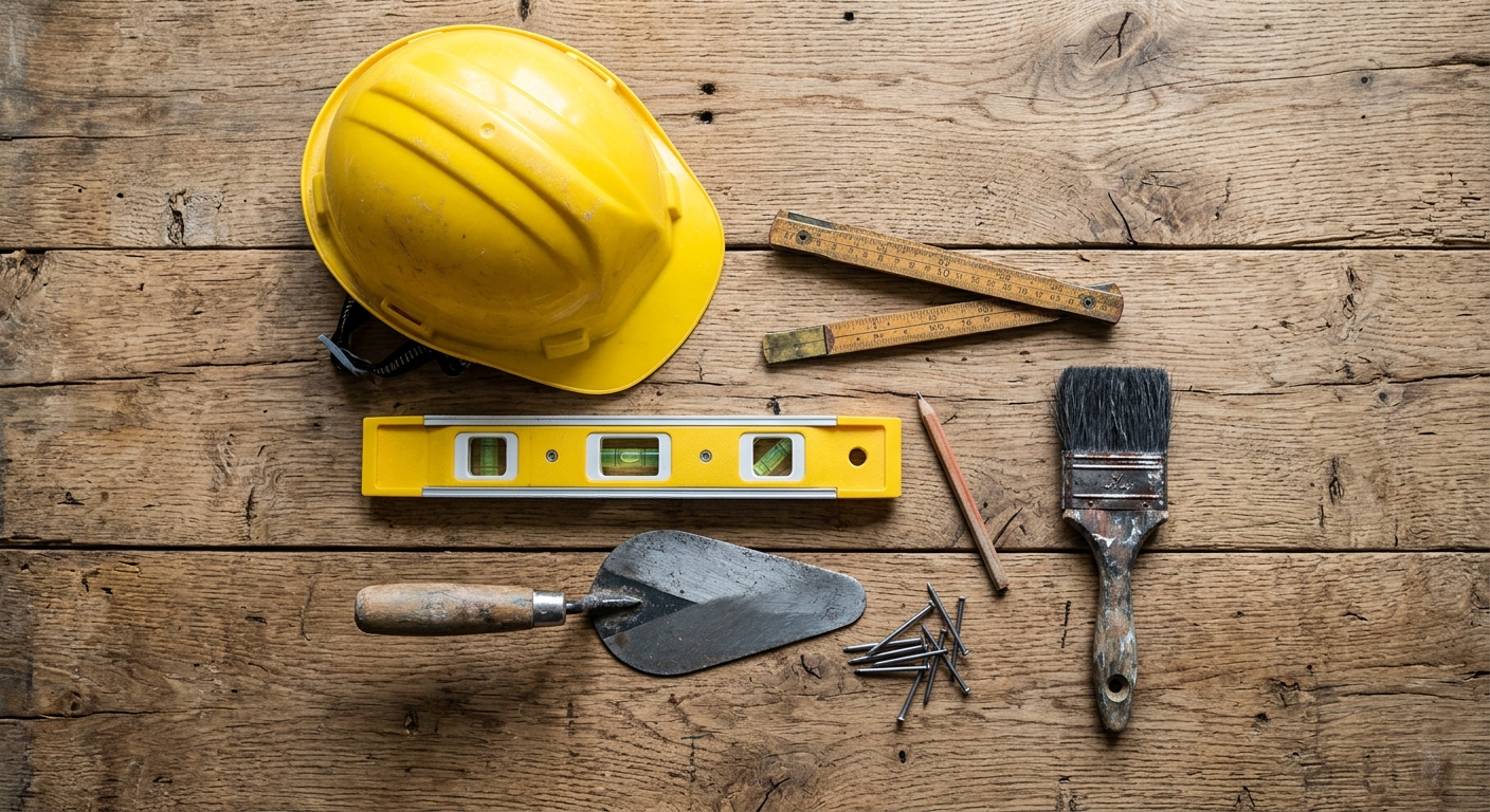 A yellow hard hat, spirit level, folding ruler, trowel and brush laid out on timber boards