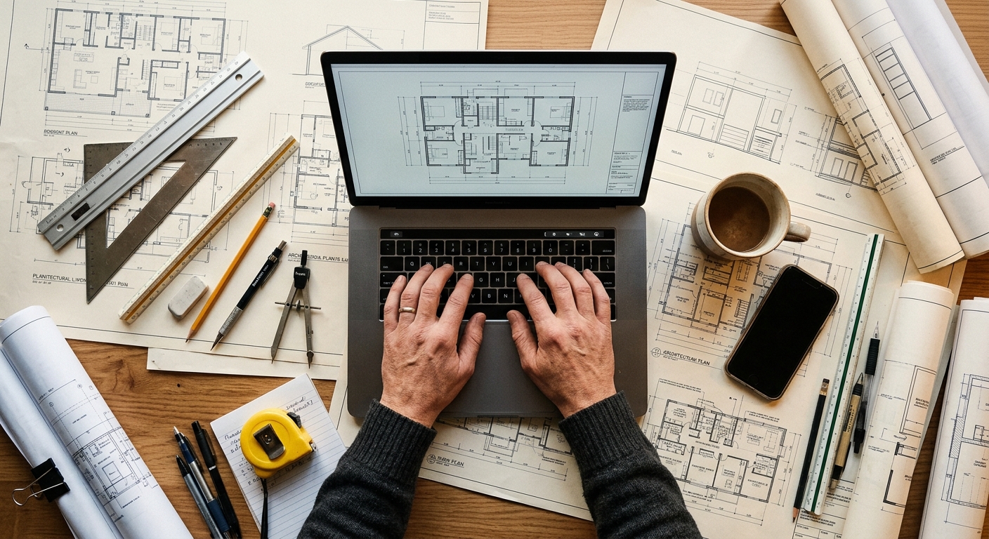 Hands working on a laptop over a desk of architectural blueprints