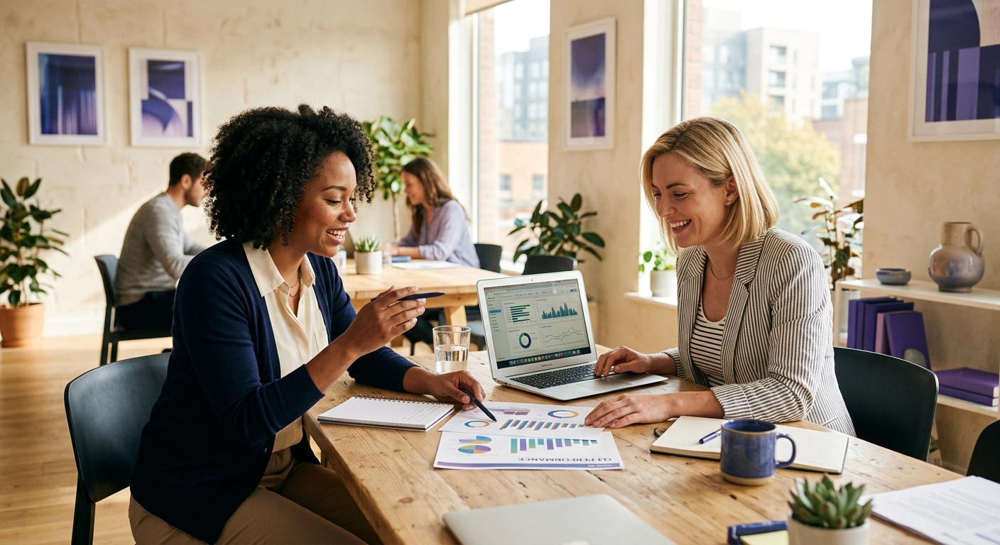 Two consultants reviewing a growth model together in a bright office