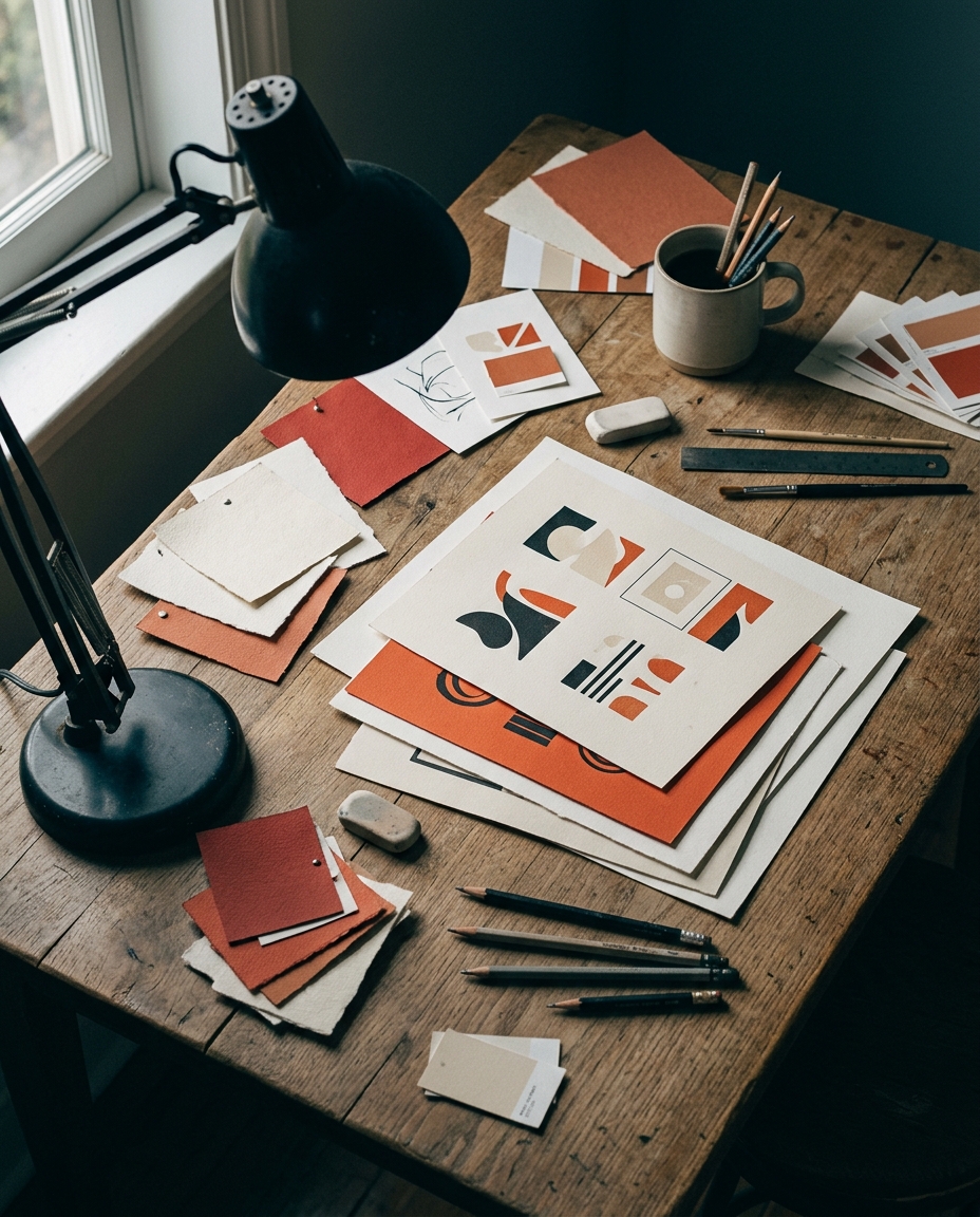 A studio worktable at OFF/AXIS with proofs and material samples