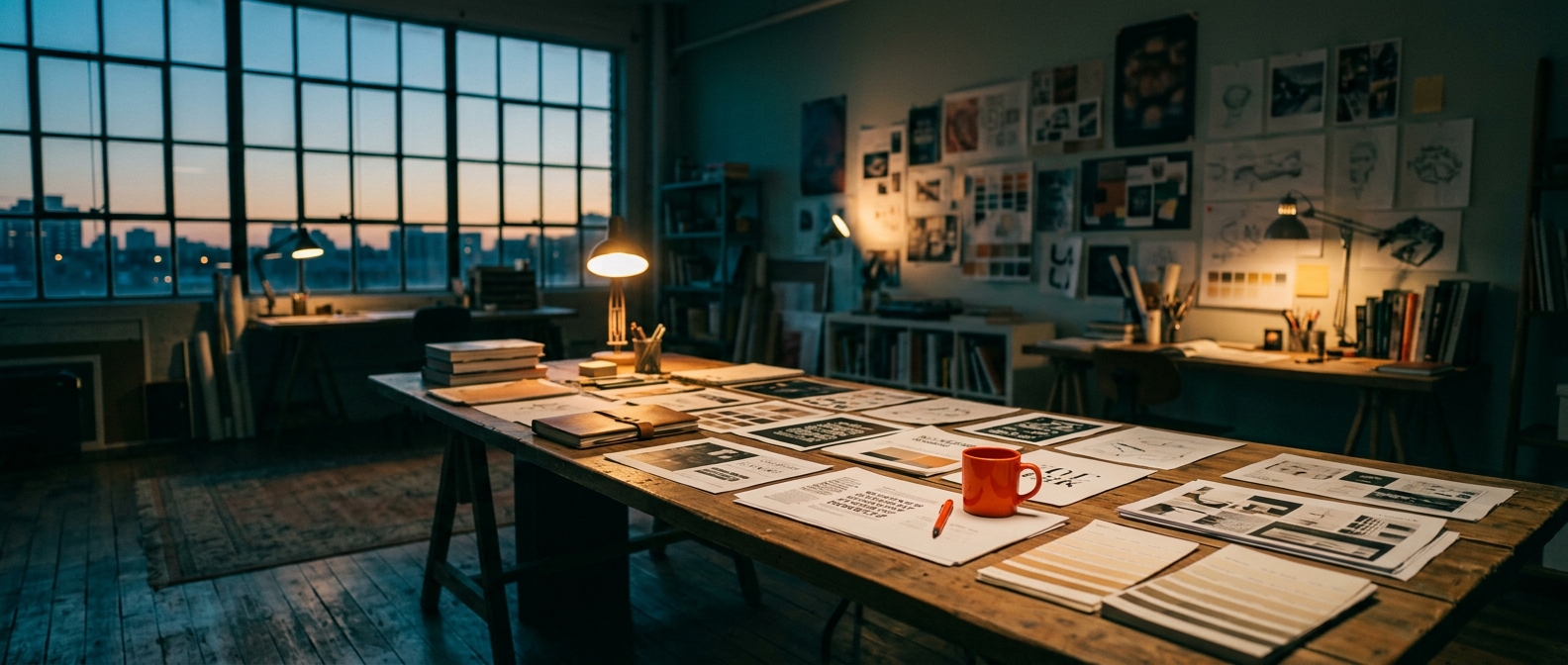 The OFF/AXIS studio floor, drafting tables and pinned work under bright light