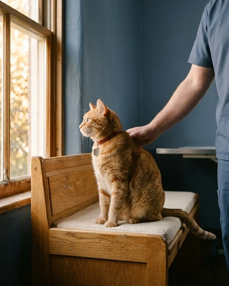 A calm orange tabby cat sits upright on a padded oak exam bench by a tall window while a veterinarian rests a hand on its back