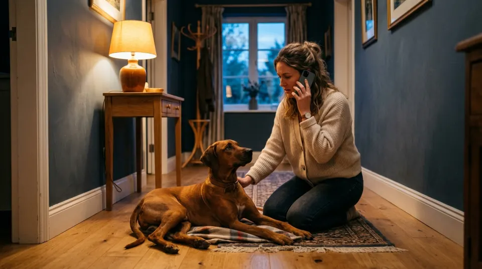 A woman kneels on a wooden hallway floor at dusk beside her lying-down brown dog, one hand on its side, a phone to her ear