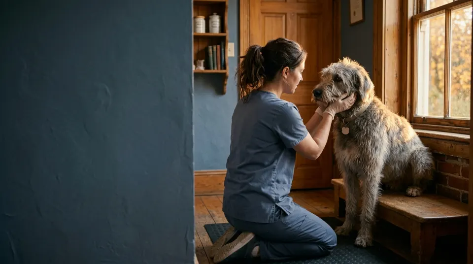 A veterinarian kneels and cups the chin of a shaggy wheaten dog on a low oak bench, late sun through the window