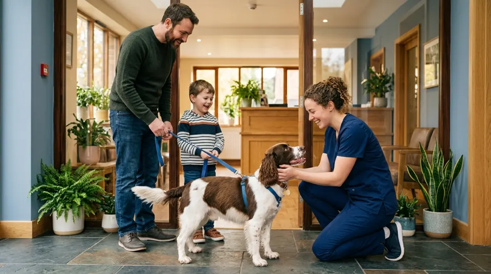 A man and his young son stand in a bright lobby while a veterinary technician kneels to greet their brown and white spaniel