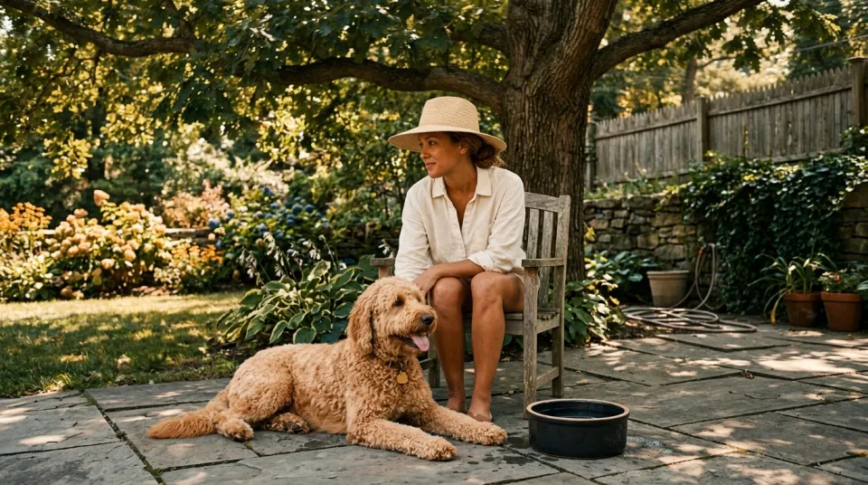 A golden doodle lies in the shade of a big tree on a stone patio beside a water bowl while its owner sits in a patio chair