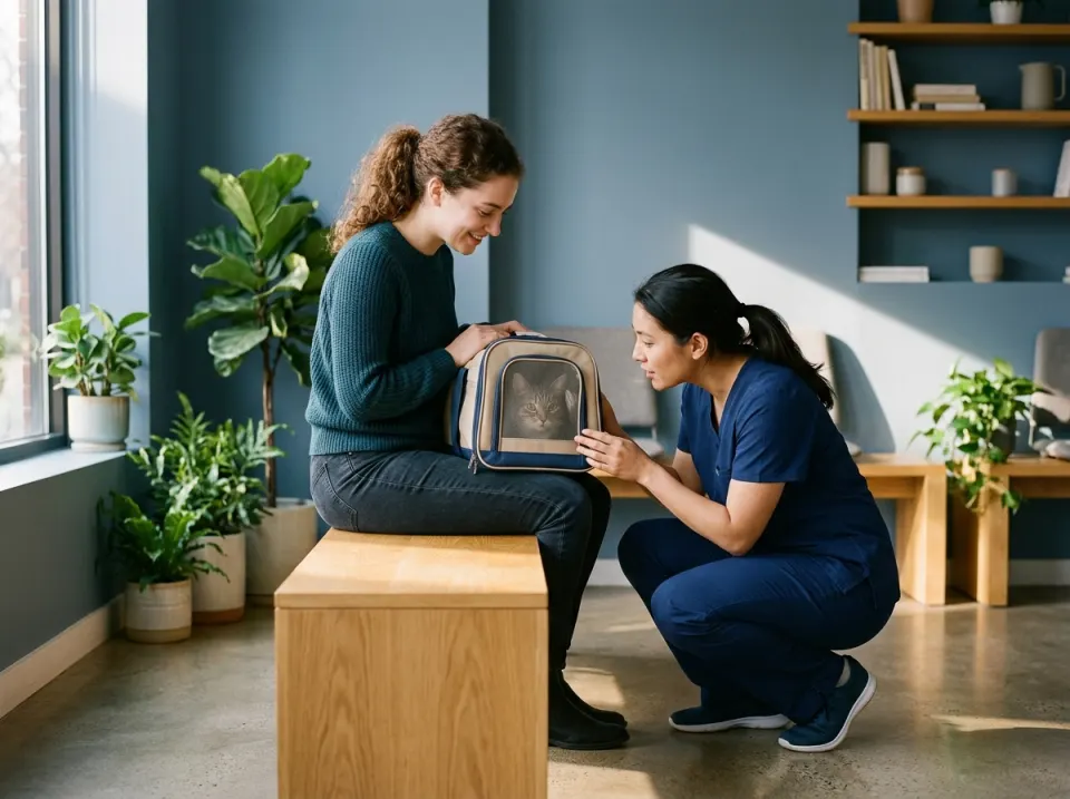 A veterinary technician kneels to greet a cat in a carrier held by its owner on an oak bench in a calm slate-blue room