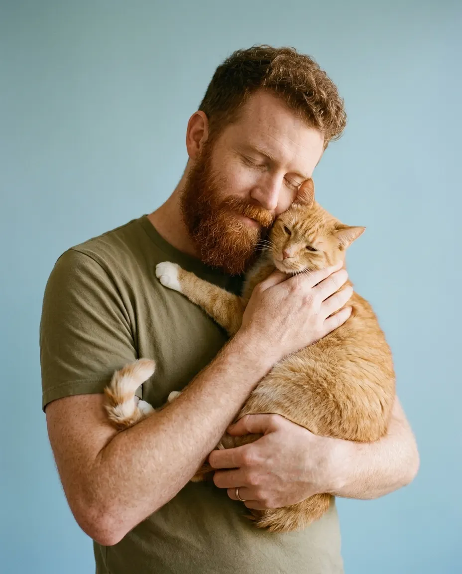A bearded man in a green t-shirt holds an orange tabby cat close against his chest, eyes closed