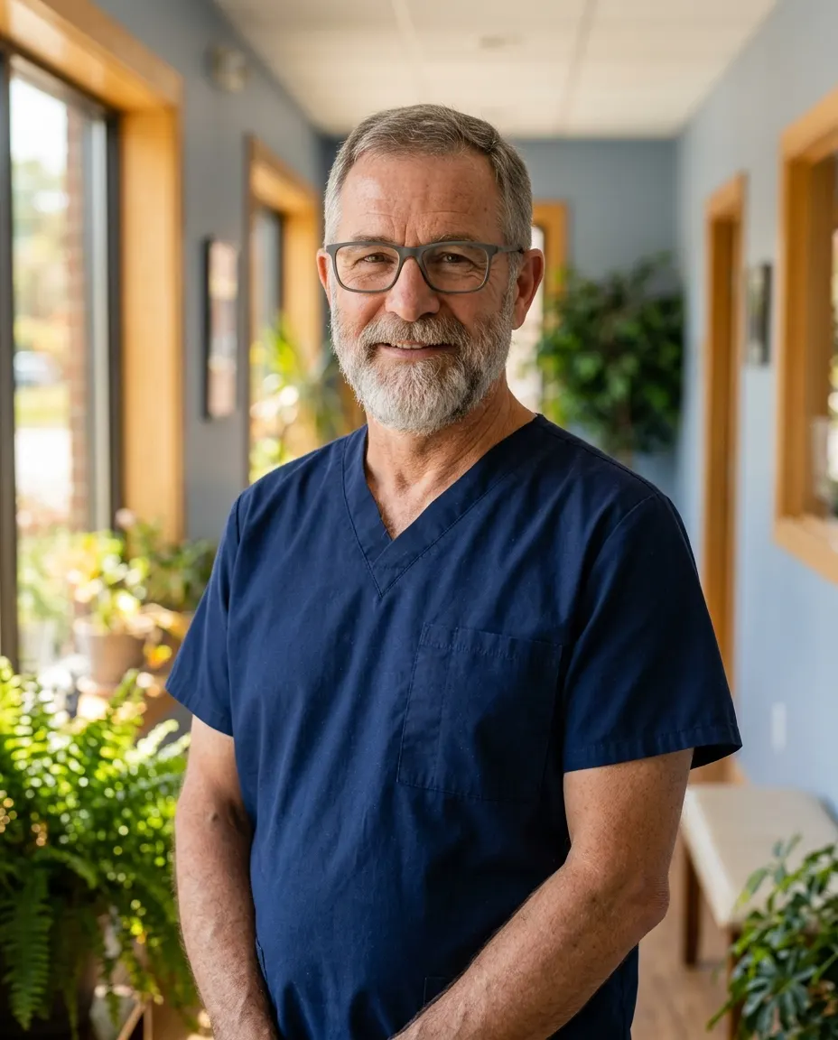 Dr. Owen Mercer, a gray-bearded veterinarian in navy scrubs, smiling in a bright treatment room