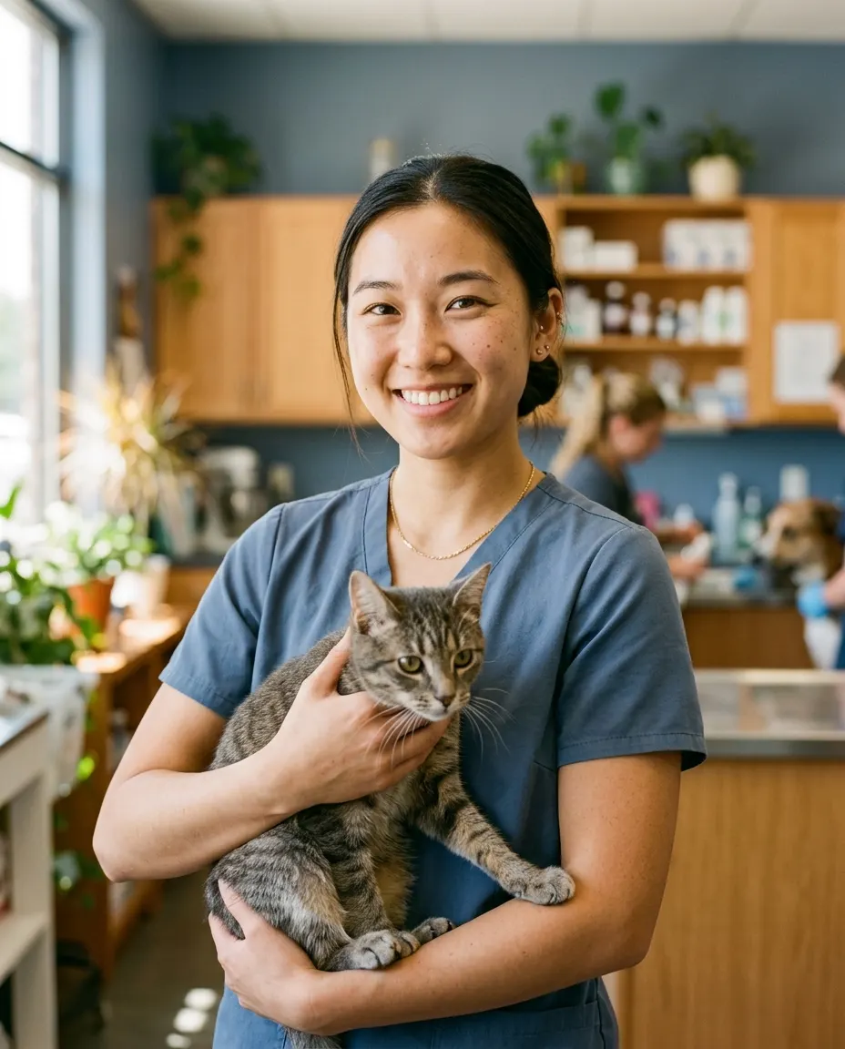 Hana Sato, a veterinary technician in blue scrubs, holding a gray tabby cat