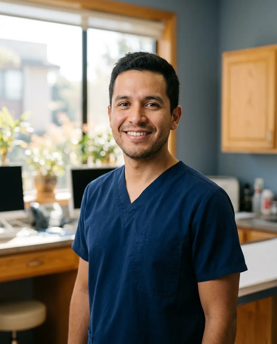 Dr. Mateo Ruiz, a young veterinarian in navy scrubs, smiling in the clinic