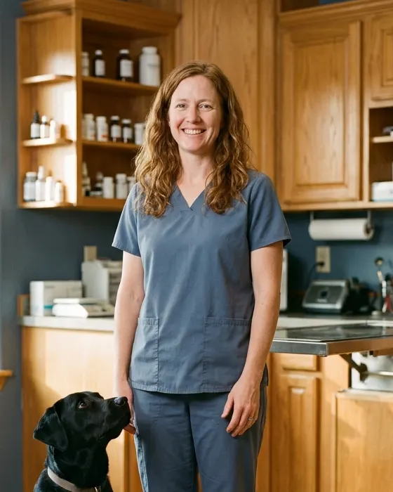 Dr. Claire Whitfield, a veterinarian with auburn hair in slate-blue scrubs, standing in an exam room with a black dog