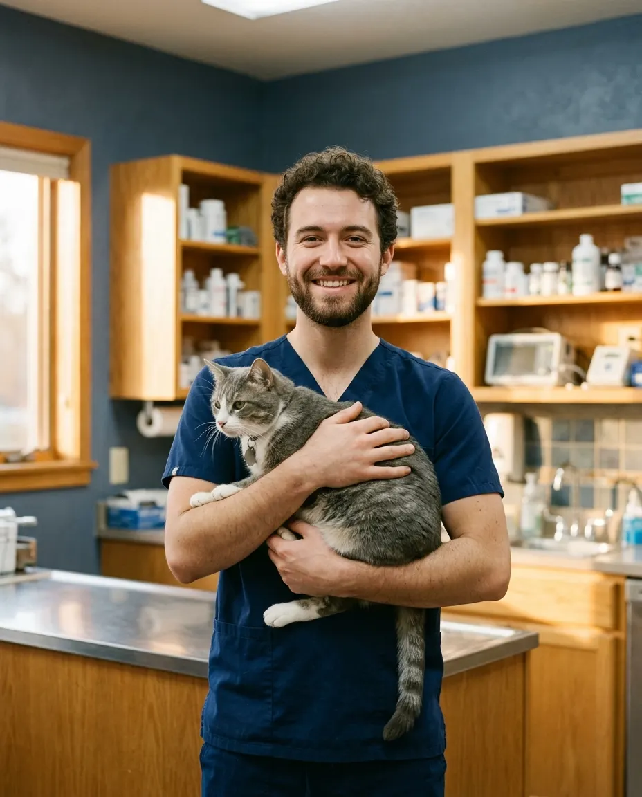 Jonah Fields, a veterinary technician with a dark beard in navy scrubs, holding a gray and white cat