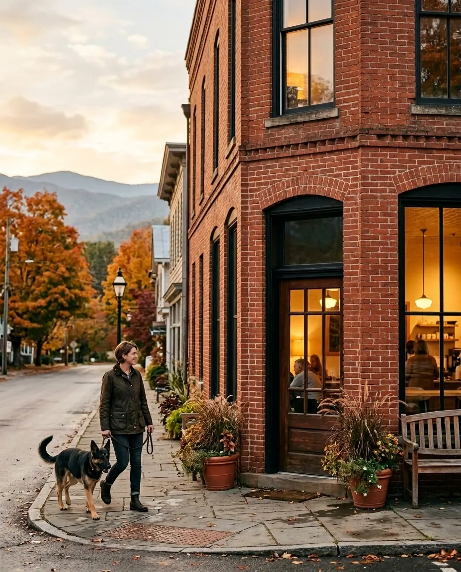 A red-brick corner building with warm lit windows on a fall street, a woman walking a dog toward the door, blue mountain ridges behind