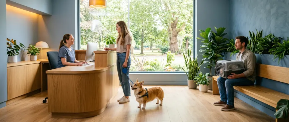 A bright reception with an oak desk where a woman checks in with a corgi while a man waits on a bench with a cat carrier
