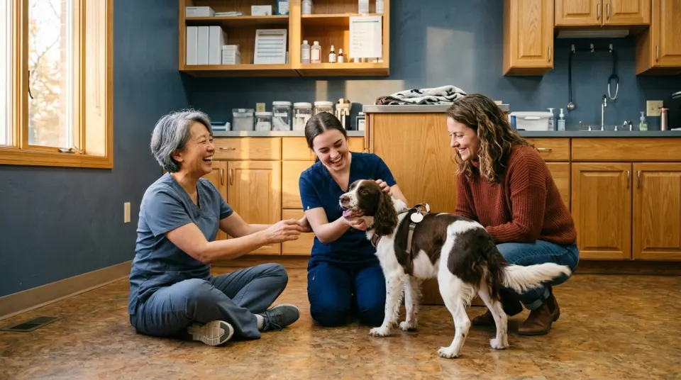 A veterinarian and a technician sit on the treatment room floor laughing with a spaniel while its owner crouches beside them