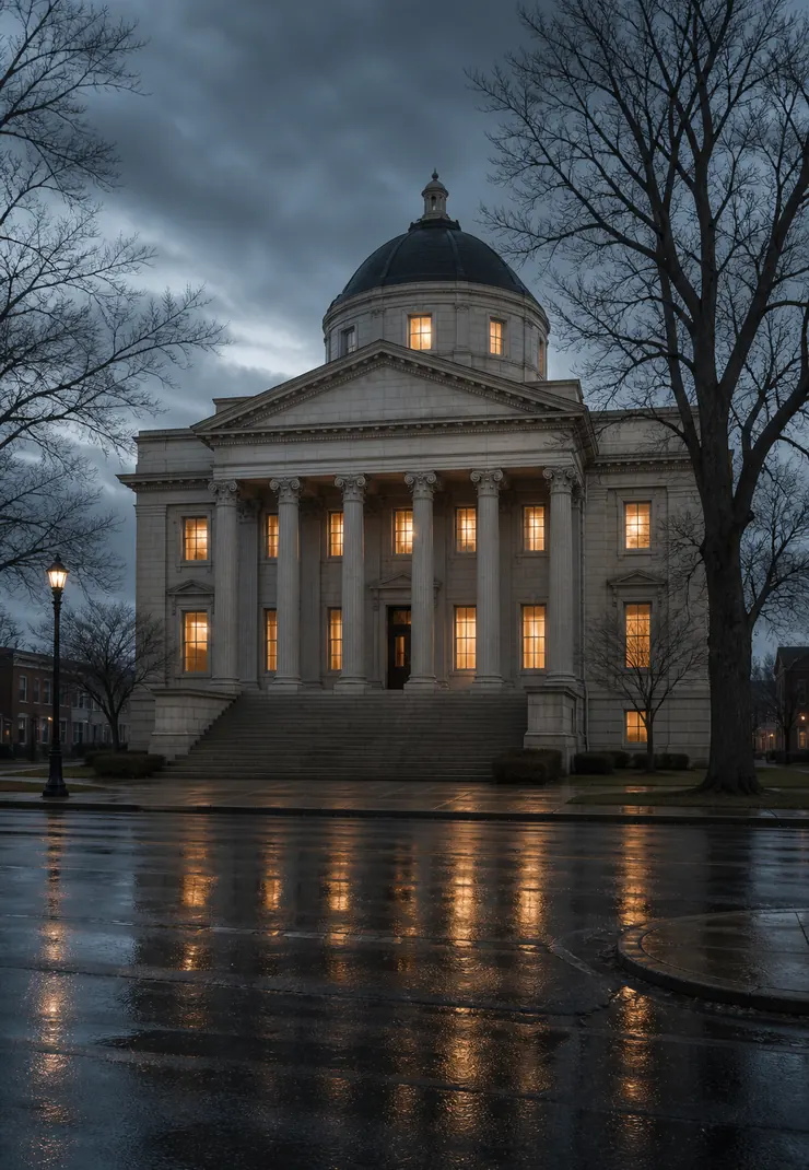 A columned stone courthouse with a low dome at dusk, its windows lit and the wet street in front reflecting them
