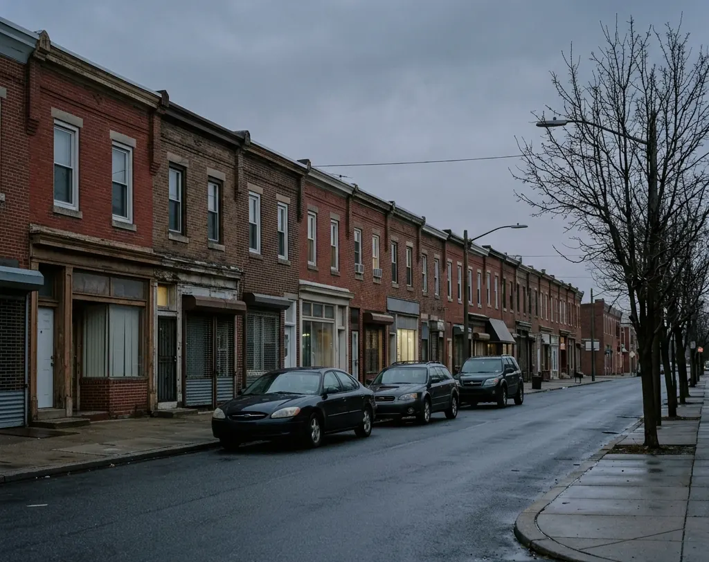 A neighborhood street of brick row houses at dusk after rain