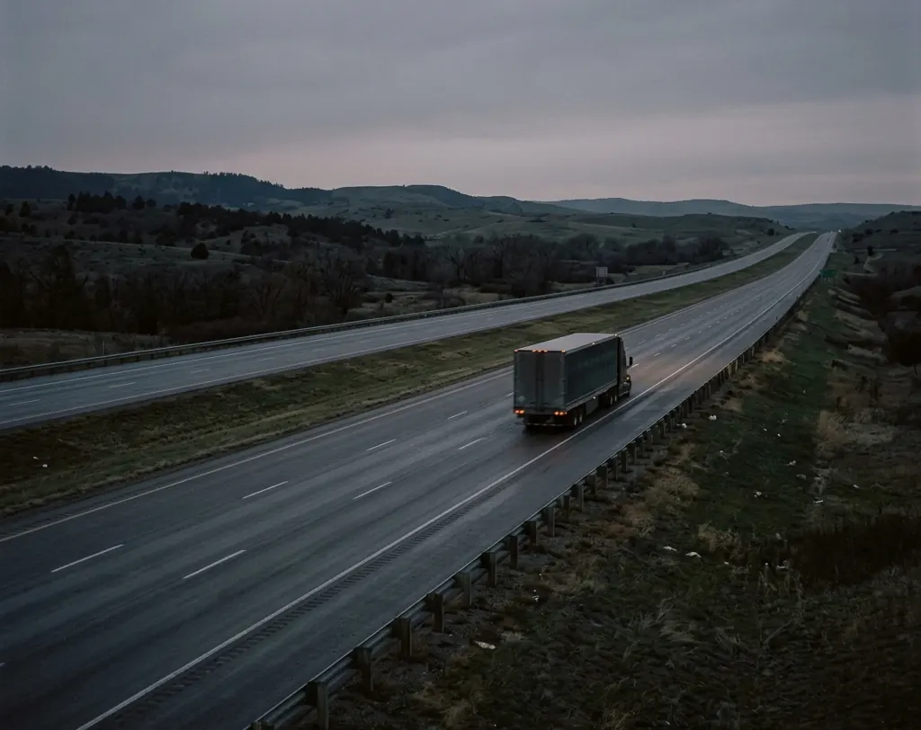 A tractor trailer on an interstate highway at dusk seen from a distance