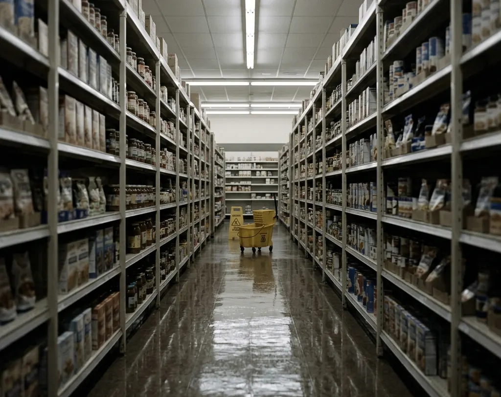 A long warehouse aisle with a polished concrete floor reflecting the overhead lights