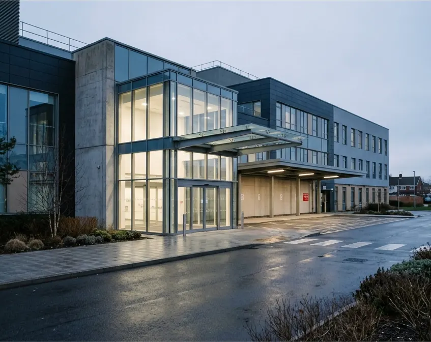 A modern hospital building exterior at dusk with an empty entrance canopy