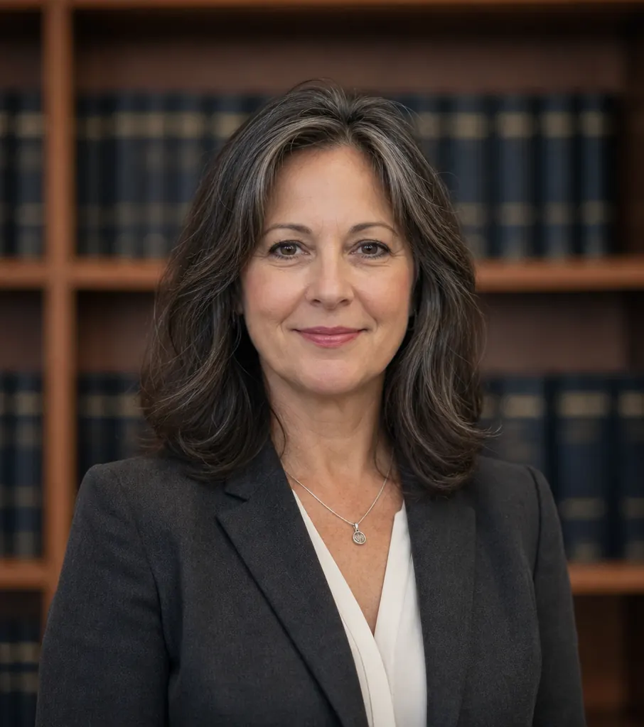 Elena Calder, founding partner of Calder & Roche Injury Law, in front of a wall of law books