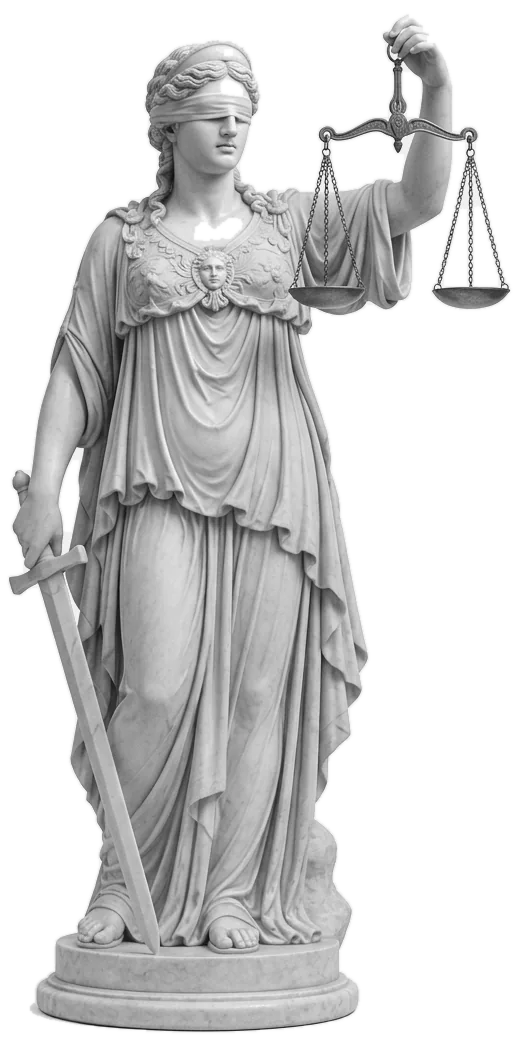 A white marble statue of Lady Justice, blindfolded, holding raised scales in one hand and a lowered sword in the other