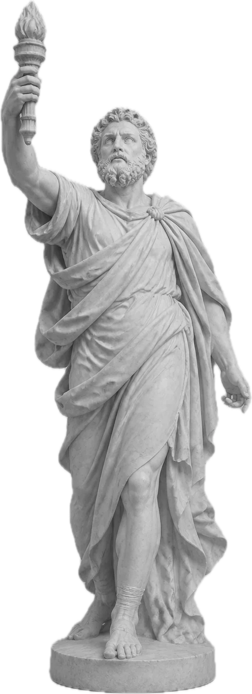 A white marble statue of a robed classical figure raising a torch, lit against a pale studio backdrop