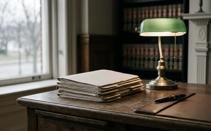 A quiet office desk by a window with case files and a green banker's lamp