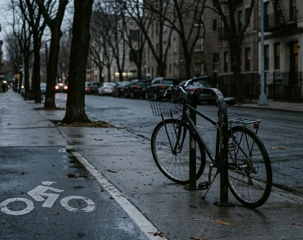 A bicycle locked at a rack beside a painted bike lane on a wet city street lined with bare trees