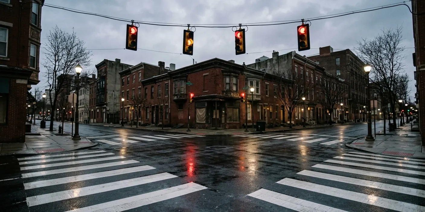 An empty city intersection at dusk after rain, with crosswalks and traffic signals over wet asphalt