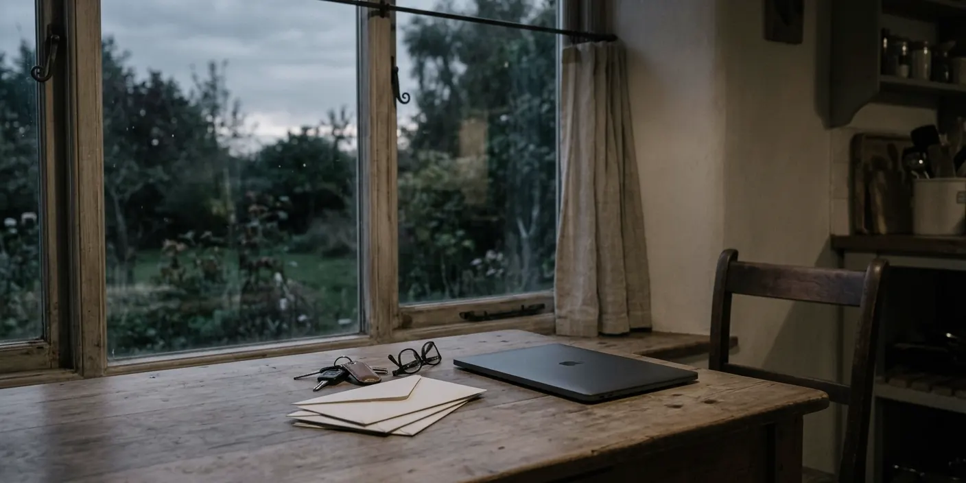 A kitchen table by a window at dusk with unopened mail, car keys and a closed laptop