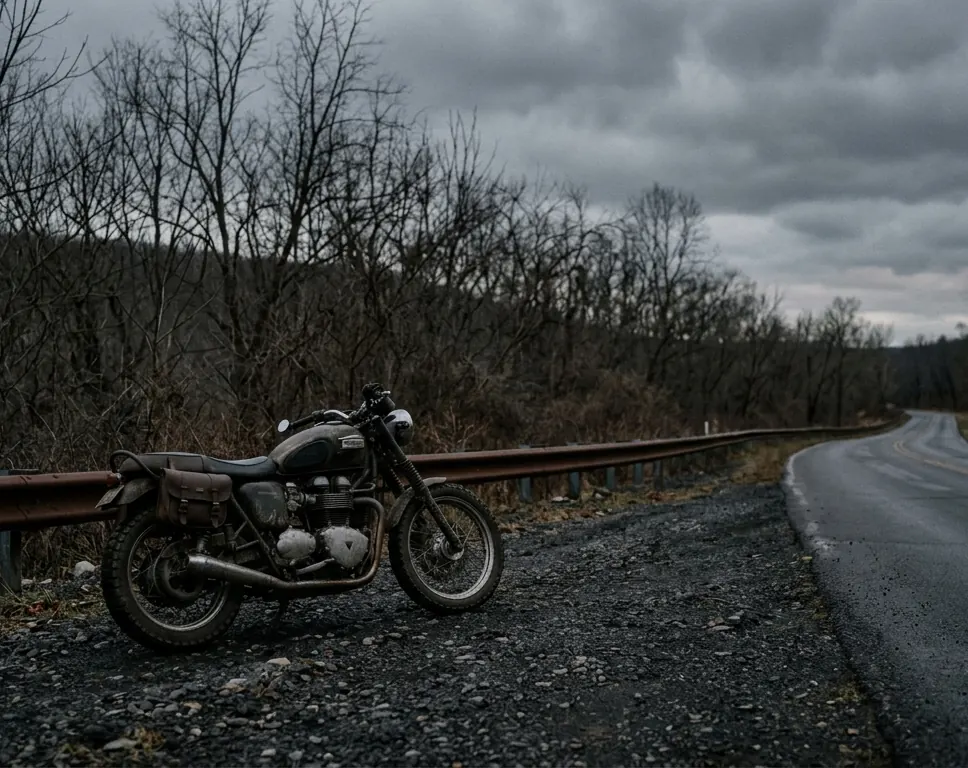 A motorcycle standing on the gravel shoulder of a two lane road under a heavy grey sky