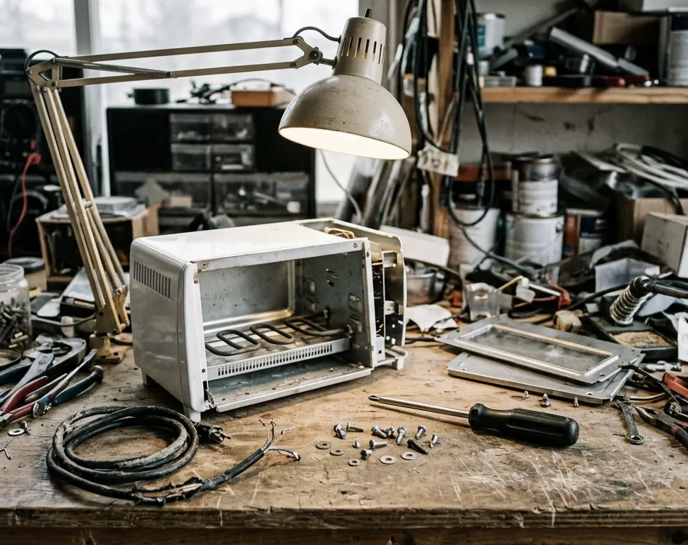 A cluttered workbench under a lamp with a small kitchen appliance opened up and tools and cable around it