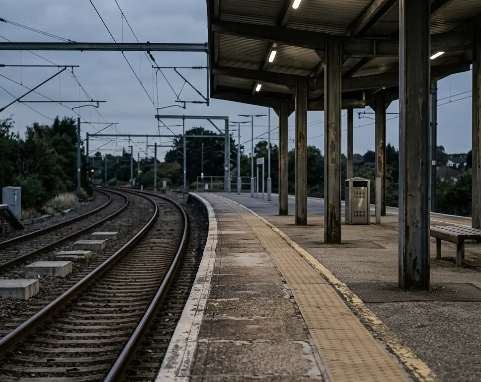 An empty regional rail platform and two sets of track running away under overhead wires on a grey morning