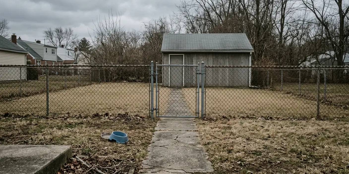 An empty suburban back yard on an overcast afternoon, a chain link fence with a closed gate across a concrete path, a shed behind