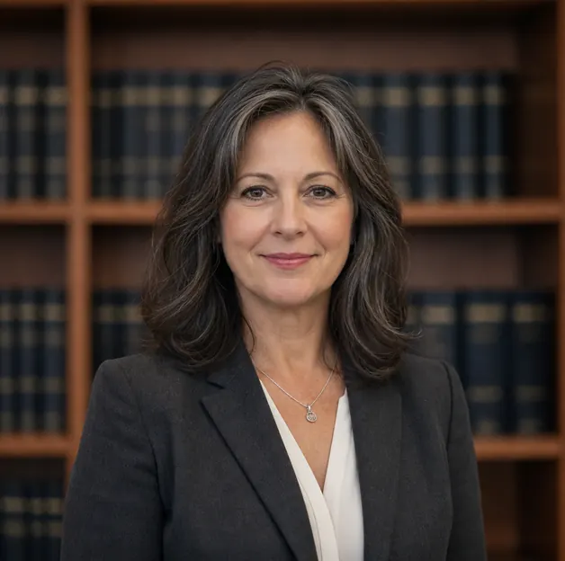 Elena Calder, founding partner of Calder & Roche Injury Law, in front of a wall of law books