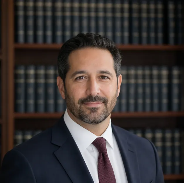 Marcus Roche, partner at Calder & Roche Injury Law, in a navy suit before a wall of law books