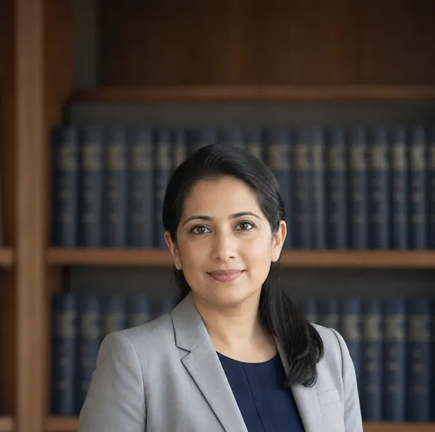 Priya Venkataraman, attorney at Calder & Roche Injury Law, in a grey blazer before a wall of law books