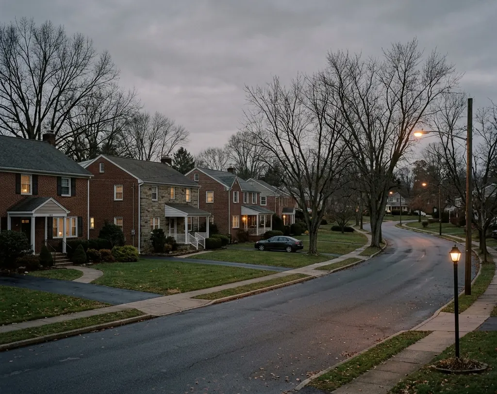 A quiet residential street of brick houses at dusk