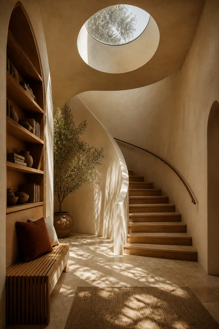A curved plaster stair hall lit by a round skylight, with an oak bookshelf and a slatted bench.