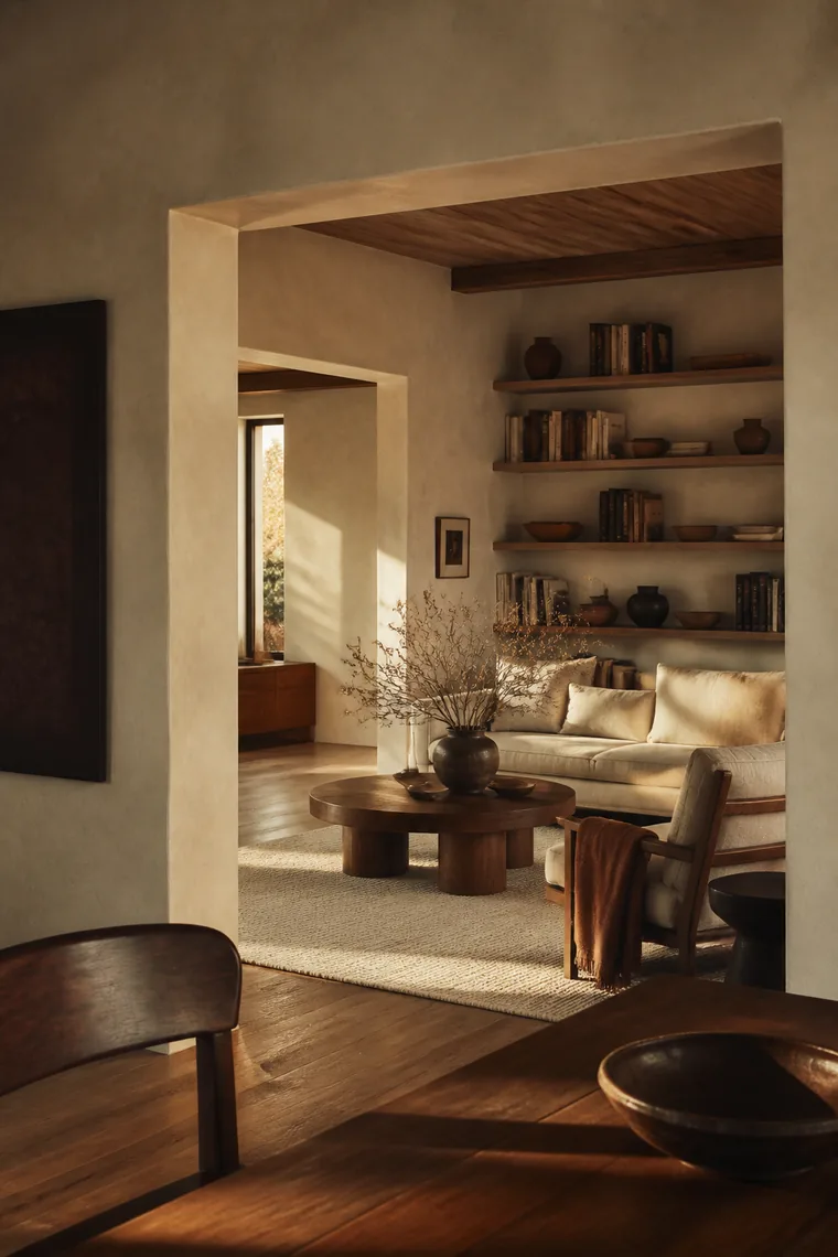 A warm living room seen through a wide opening, with a round walnut table and deep shelving.