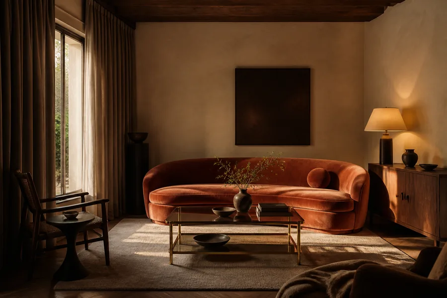 A curved terracotta sofa and a brass coffee table under half-drawn curtains.