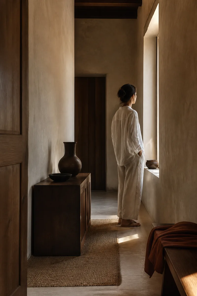 A designer in a linen shirt standing in a plaster hallway, turned toward the window.