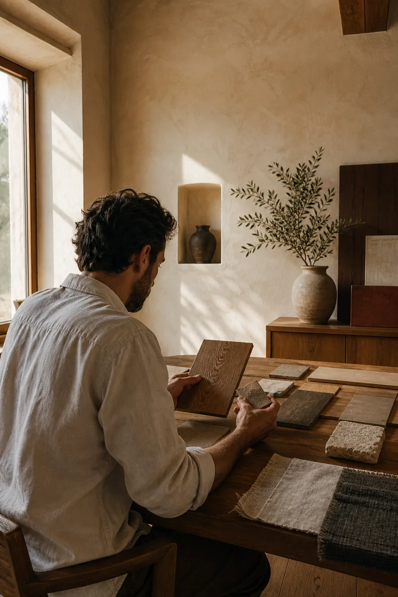 A designer sorting oak and stone samples at a work table, seen from behind.