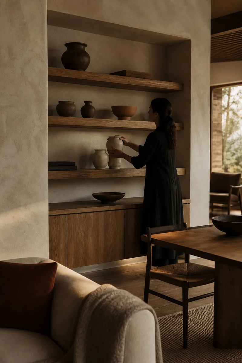 A stylist placing ceramics on an oak shelf in a finished room.