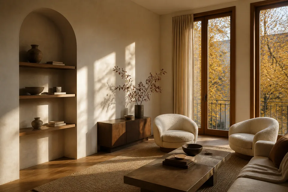 A sunlit apartment room with an arched plaster niche and two pale armchairs.